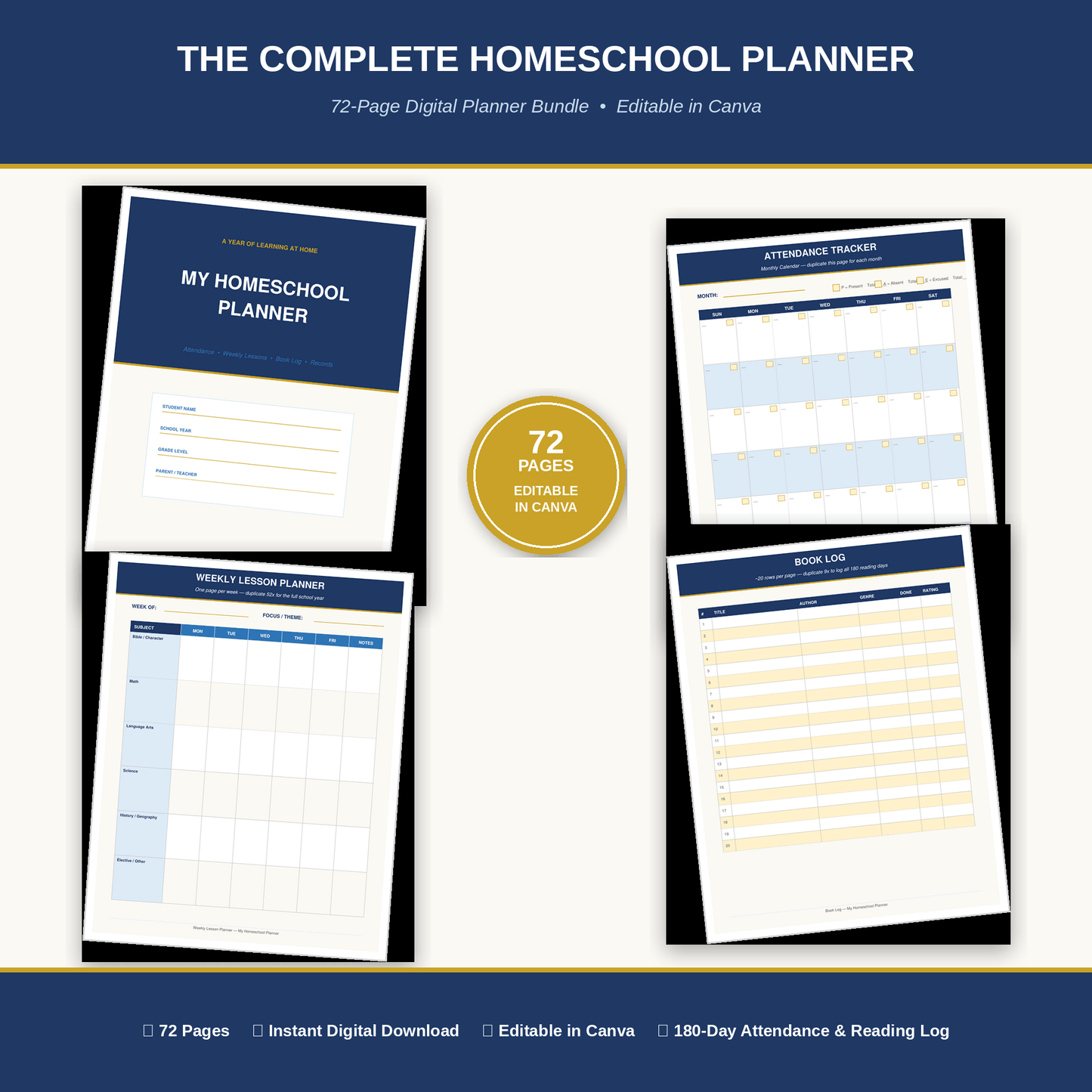 The Complete Homeschool Planner — 72 Pages | Attendance, Lessons, Reading Log & Records (Editable in Canva)
