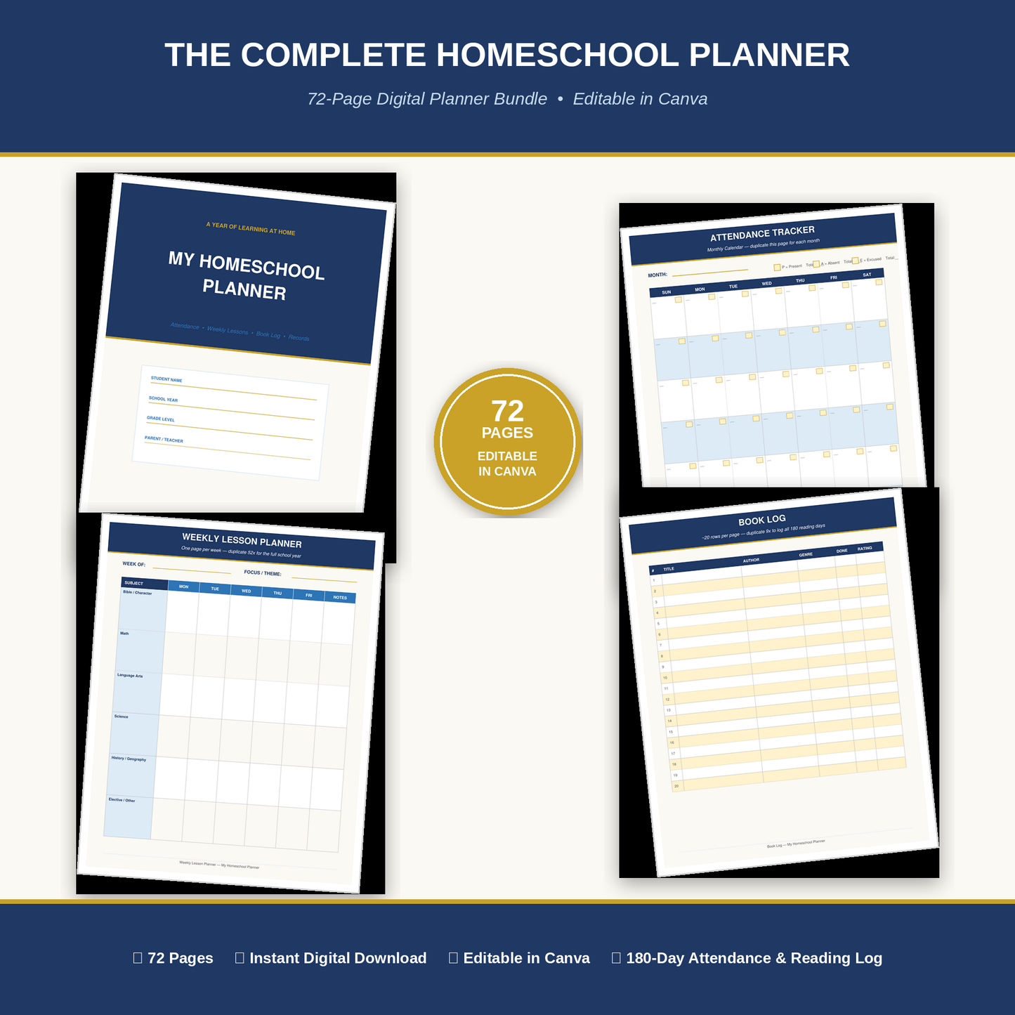 The Complete Homeschool Planner — 72 Pages | Attendance, Lessons, Reading Log & Records (Editable in Canva)