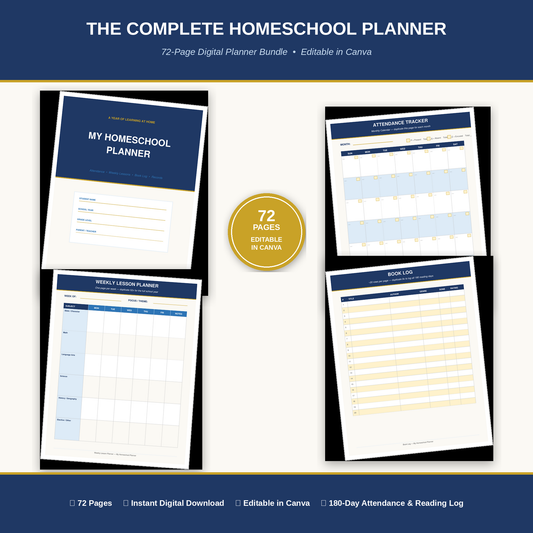 The Complete Homeschool Planner — 72 Pages | Attendance, Lessons, Reading Log & Records (Editable in Canva)